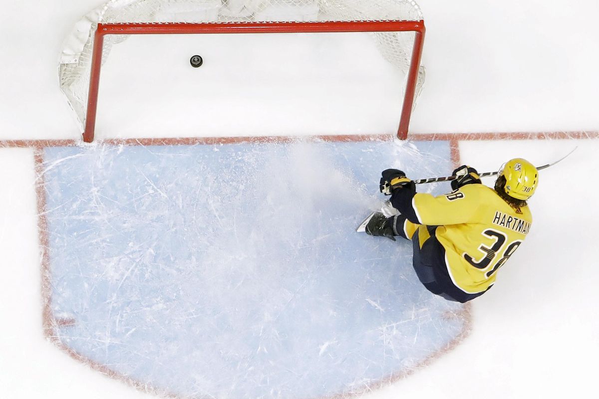 Nashville Predators right wing Ryan Hartman scores an empty-net goal against the Colorado Avalanche during the third period in Game 2 of an NHL hockey first-round playoff series Saturday, April 14, 2018, in Nashville, Tenn. (Mark Humphrey / Associated Press)