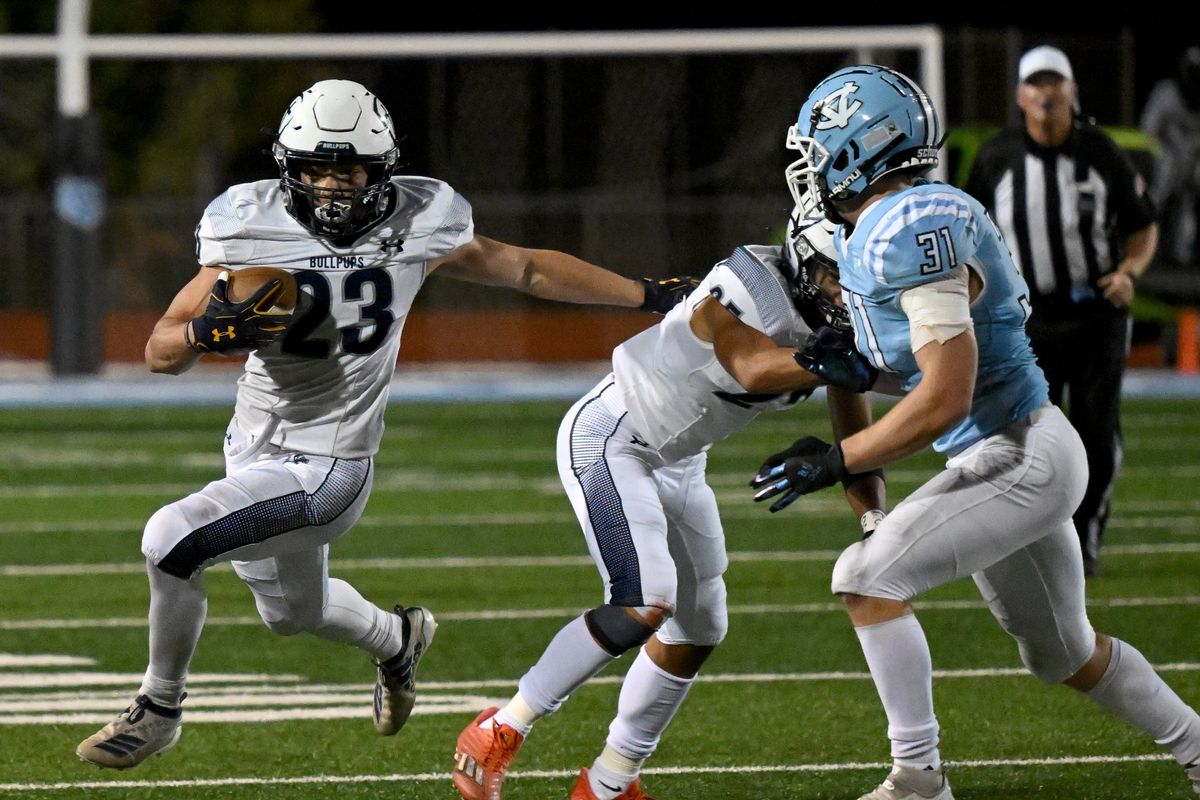 Gonzaga Prep running back Lilomaiava Mikaele (23) runs the ball during the first half of a high school football game, Friday, October 14, 2022, at Central Valley High School.  (Colin Mulvany/The Spokesman-Review)