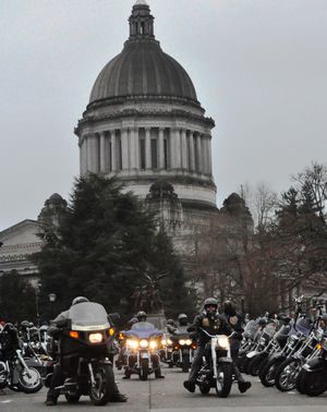 Members of ABATE arrive at the state Capitol on Thursday, Jan. 20, to lobby legislators. (Jim Camden/The Spokesman-Review)