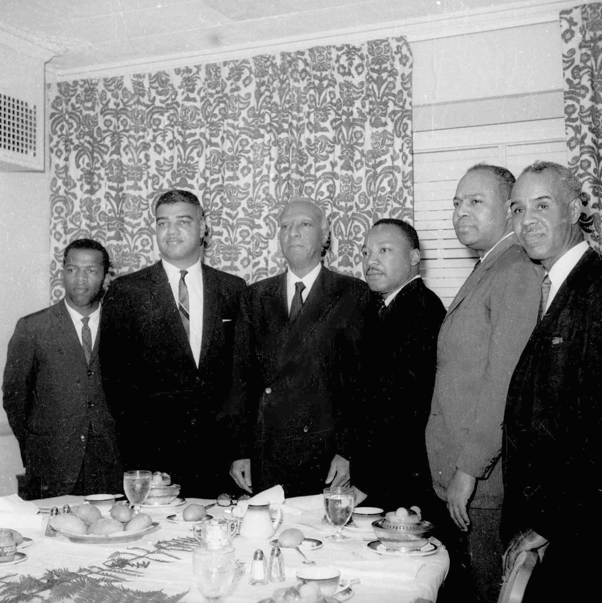 Six leaders of the nation’s largest black civil rights organizations pose July 2, 1963, at the Roosevelt Hotel in New York. From left, are: John Lewis, chairman Student Non-Violence Coordinating Committee; Whitney Young, national director, Urban League; A. Philip Randolph, president of the Negro American Labor Council; Martin Luther King Jr., president Southern Christian Leadership Conference; James Farmer, Congress of Racial Equality director; and Roy Wilkins, executive secretary, National Association for the Advancement of Colored People. Lewis, who carried the struggle against racial discrimination from Southern battlegrounds of the 1960s to the halls of Congress, died Friday, July 17, 2020.  (Harry Harris)