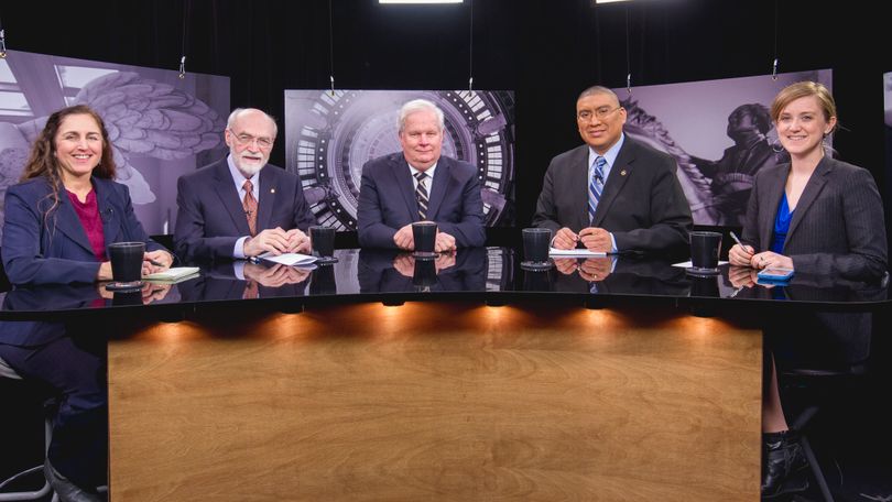 From left, Betsy Russell, Jim Weatherby, Bill Roberts, and co-hosts Aaron Kunz and Melissa Davlin on Friday's 