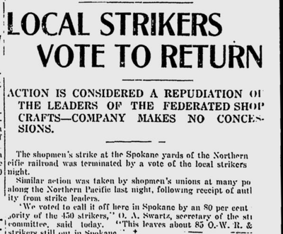 On this day 100 years ago, shopmen for the Northern Pacific railroad voted to end their strike that had began the pervious summer.  (S-R archives)