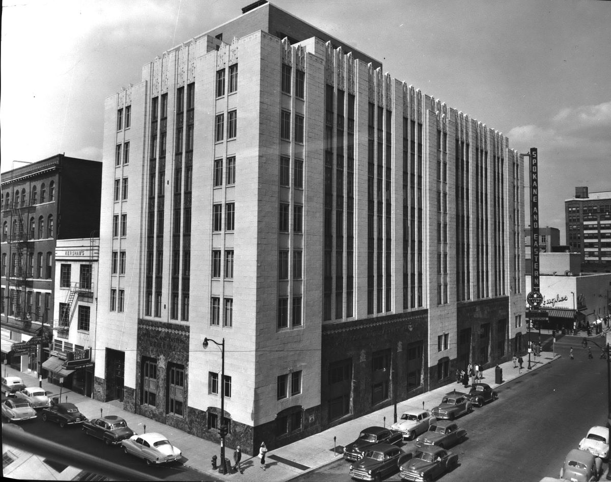 1953 - The Spokane and Eastern Branch of the Seattle First National Bank, known as the Spokane and Eastern Bank before 1935, occupied this Art Deco-style building from 1931 to 1979, when it was torn down to build the Seafirst tower, opened in 1980. The tower, now called the Bank of America Financial Center, takes up the entire block, from Riverside to Sprague, and Wall to Howard Streets. (Spokesman-Review Photo Archive / SR)