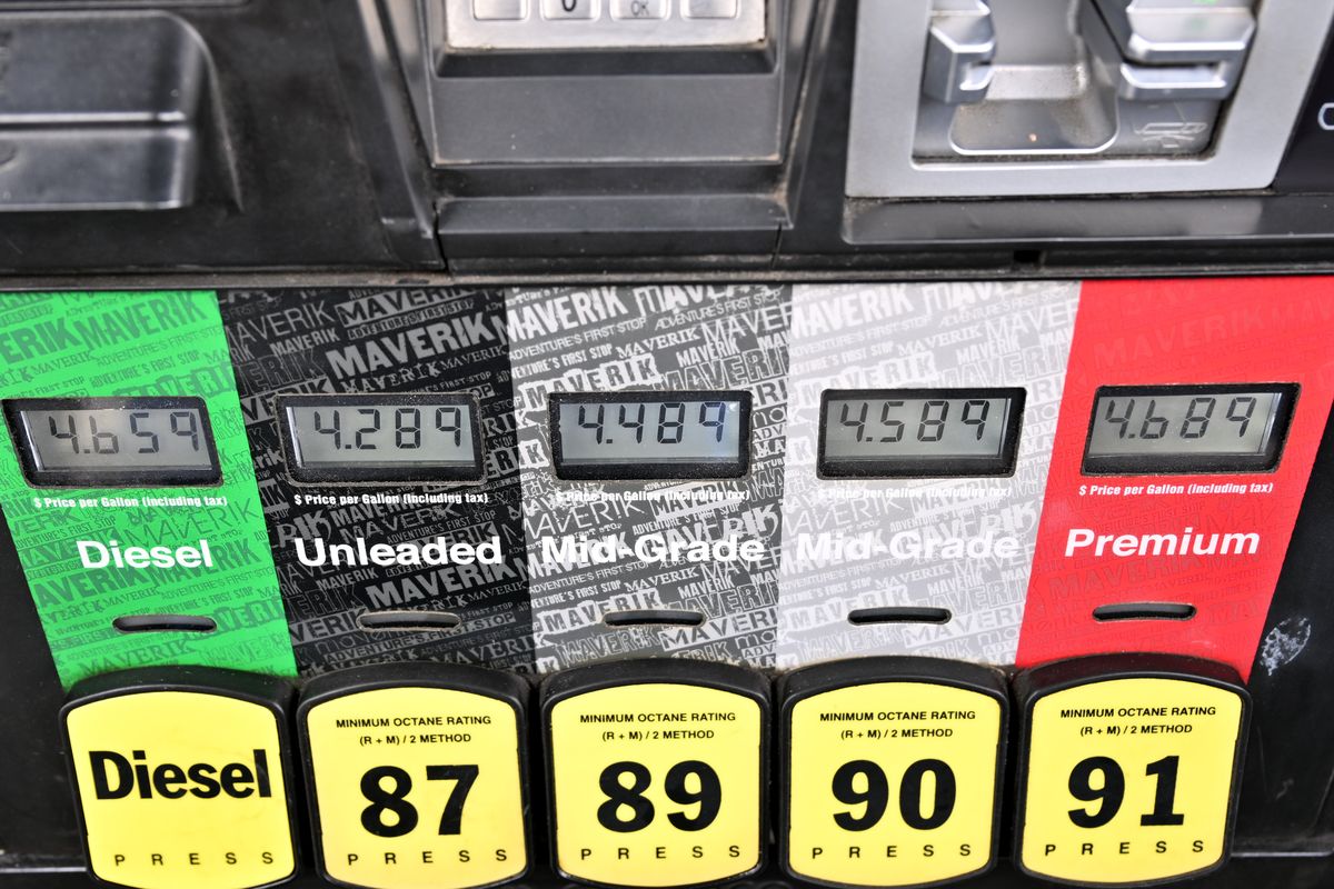 Gas and diesel prices are shown Wednesday at the Maverik in Cheney, Wash.  (Tyler Tjomsland/The Spokesman-Review)