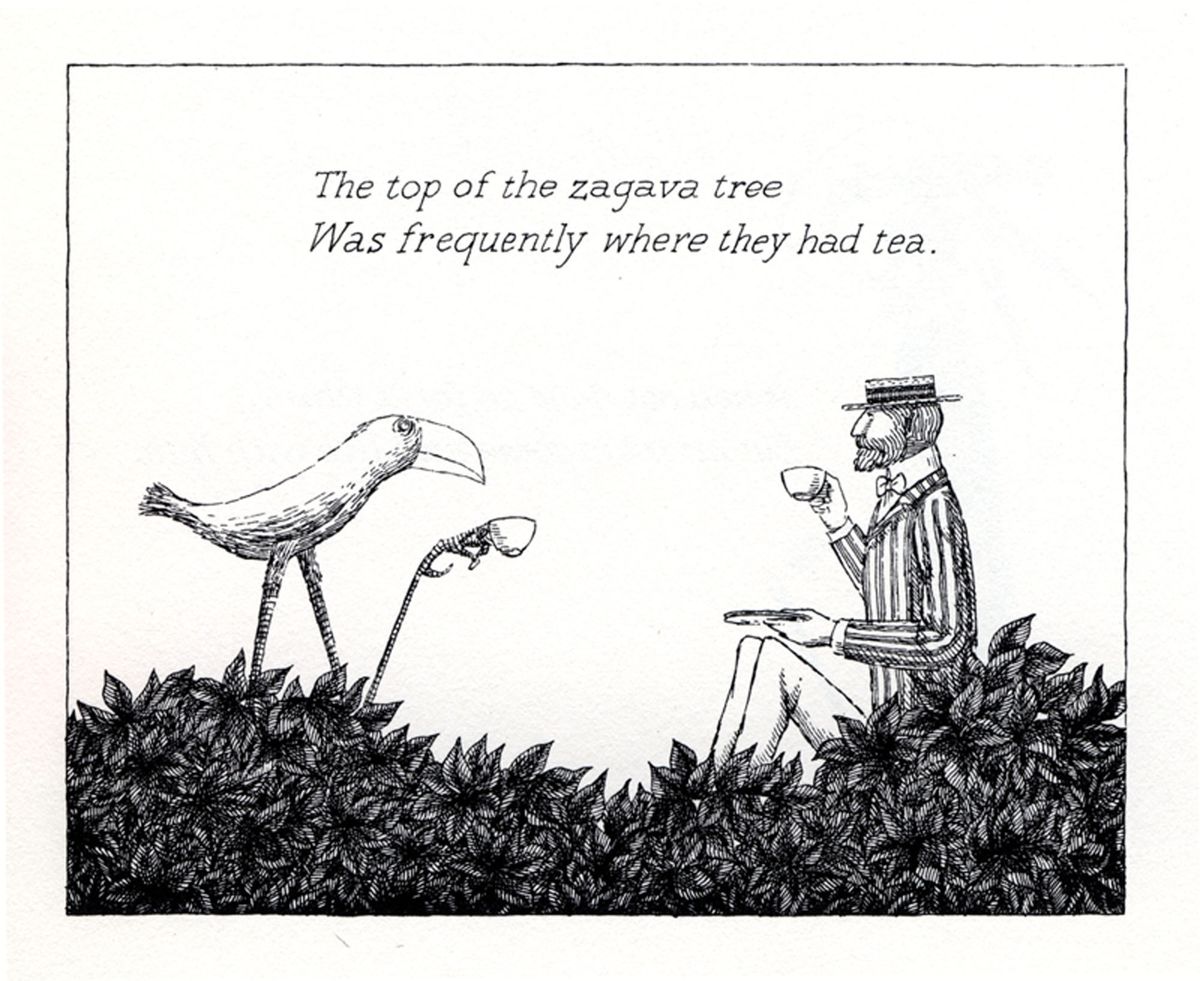 A pen and ink drawing from the “Osbick Bird” by artist Edward Gorey is shown. (Edward Gorey / The Spokesman-Review)
