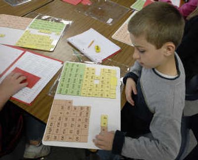 
Third-grader Dimitri Ceavdari uses a magnetic journal to practice phonemic awareness in the Power Reading program at Trentwood Elementary. Salmon-colored magnets are vowels, green magnets are syllables and yellow magnets are consonants. Ceavdari uses the magnets to spell out a sound.
 (J. BART RAYNIAK / The Spokesman-Review)