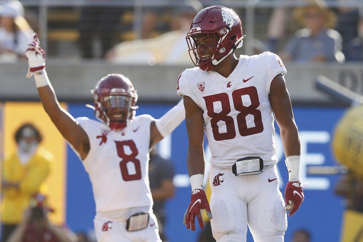 WSU wide receiver De’Zhaun Stribling celebrates after scoring a touchdown against California during a Pac-12 game Saturday in Berkeley, California.  (Associated Press)