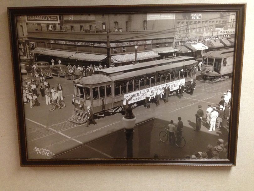 On Aug. 31, 1936, Car No. 202 was publicly “cremated in the big bonfire” at Natatorium Park to mark the final replacement of trolley cars with busses, “its formal demise via the torch.” The Spokesman estimated 10,000 people lined Summit Boulevard to watch it burn, and “many others thronged the lawns and paths in the park below, seeking a vantage spot.” The car reportedly had traveled 1,625,789 miles during its 26 years in service, and covered an average of 191 miles a day. Up to 60 people could fit on the trolley, and it was among the largest ever used in Spokane. This adorns the walls of STA’s headquarters, and it shows No. 202’s last journey. (Spokane Transit Authority)