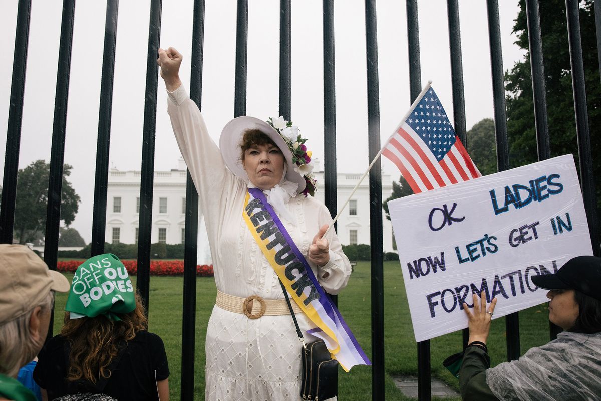 Supporters of abortion rights protest outside the White House in Washington, July 9, 2022. Under pressure to act, Democrats have scheduled votes on bills to preserve abortion access -- but with Republicans and at least one Democrat opposed, they lack the support to succeed.   (Alyssa Schukar/The New York Times)