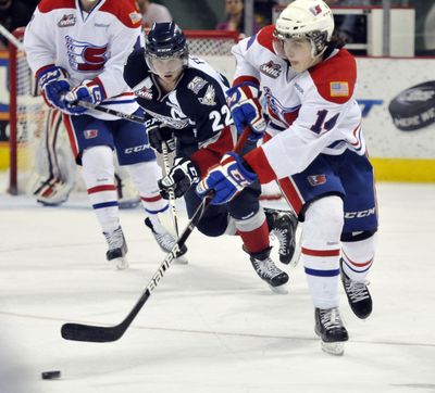 Adam Helewka, right, has a team-leading three goals in Chiefs’ first-round playoff series. (File)