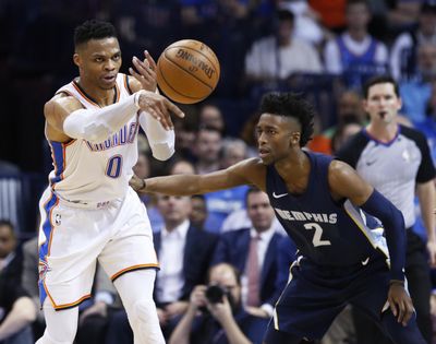 Oklahoma City Thunder guard Russell Westbrook (0) passes the ball in front of Memphis Grizzlies guard Kobi Simmons (2) during the first half of an NBA basketball game in Oklahoma City, Wednesday, April 11, 2018. (Sue Ogrocki / Associated Press)