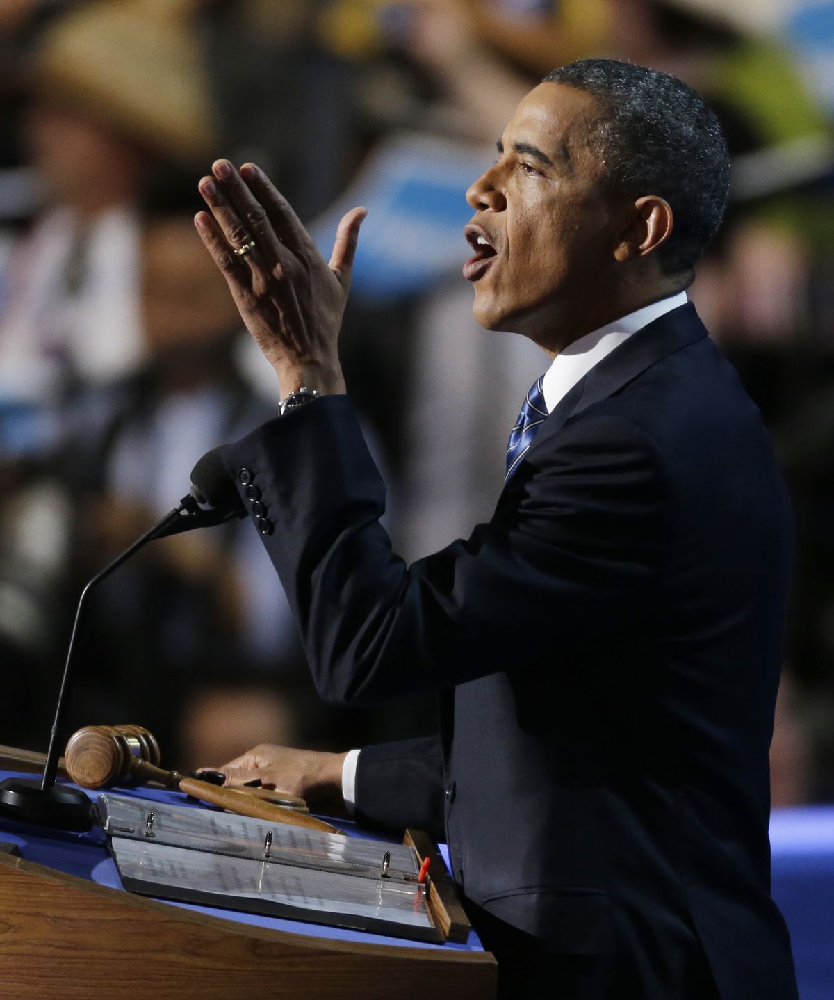 President Barack Obama speaks to delegates at the Democratic National Convention in Charlotte, N.C., on Thursday, Sept. 6, 2012. (Lynne Sladky / Associated Press)
