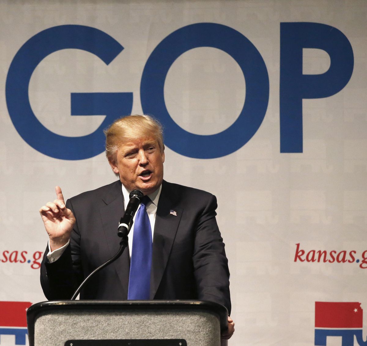 Republican presidential candidate Donald Trump speaks at a caucus site, Saturday, March 5, 2016, in Wichita, Kan. (Charles Rex Arbogast / Associated Press)