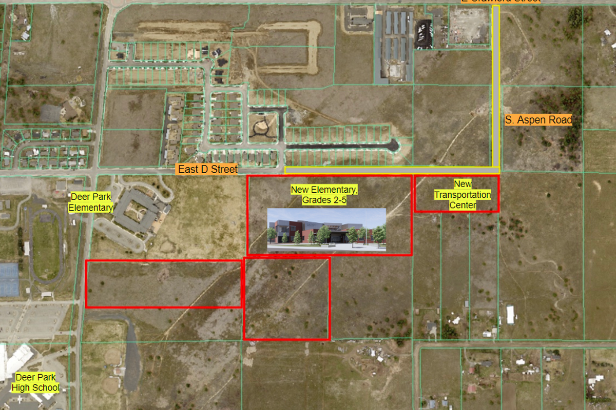 If Deer Park School District's Proposition 2 passes, the district would purchase four parcels (red highlighted) from the City of Deer Park, a new elementary school and transportation center would be built off of D Street and the yellow highlighted road would be constructed to alleviate traffic at the D Street and Weber Road intersection.  (Courtesy of Deer Park School District)