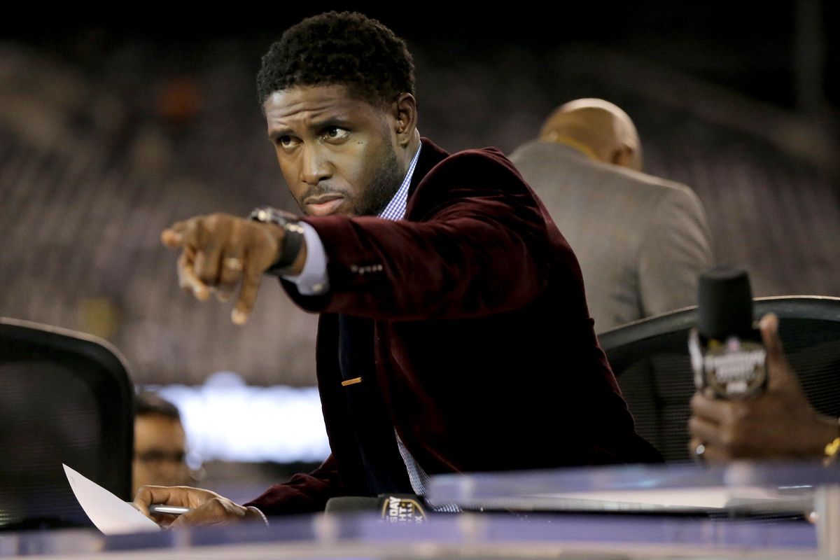 Former NFL player Reggie Bush prepares for an episode of “Thursday Night Football” postgame show after the New York Giants and Philadelphia Eagles played Oct. 11, 2018, in East Rutherford, N.J. The Eagles won 34-13. (Julio Cortez / AP)