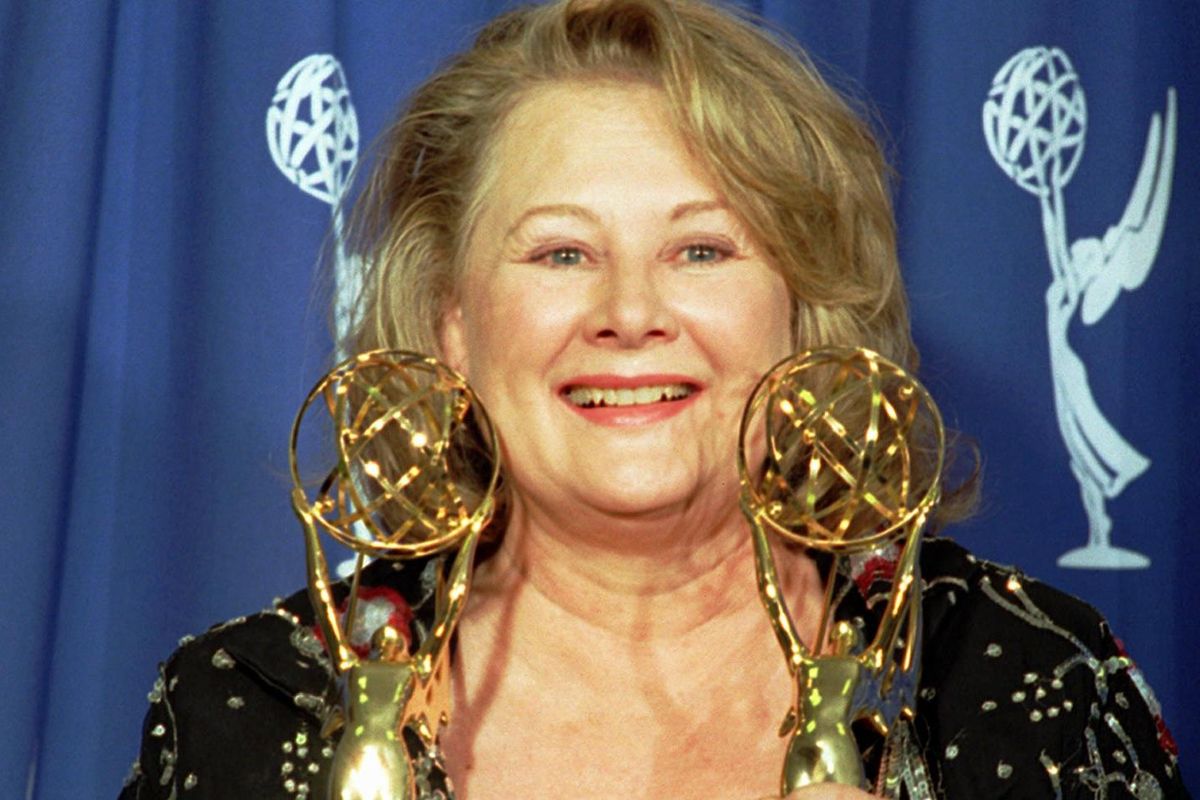 Shirley Knight, winner of Outstanding Supporting Actress in a miniseries or special, holds the Emmy she won for "Indictment: The McMartin Trial," and another Emmy for Judy Davis who also won Outstanding Actress in a miniseries or special for "Serving in Silence: The Margarethe Cammermeyer Story," at the 47th Annual Primetime Emmy Awards ceremony Sunday, Sept. 10, 1995, at the Pasadena Civic Auditorium in Pasadena, Calif. (REED SAXON / Associated Press)