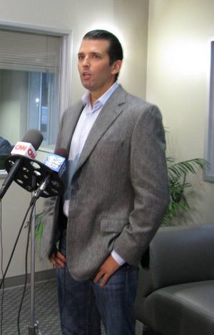 Donald Trump Jr. speaks to reporters in Boise on Thursday (Betsy Z. Russell)