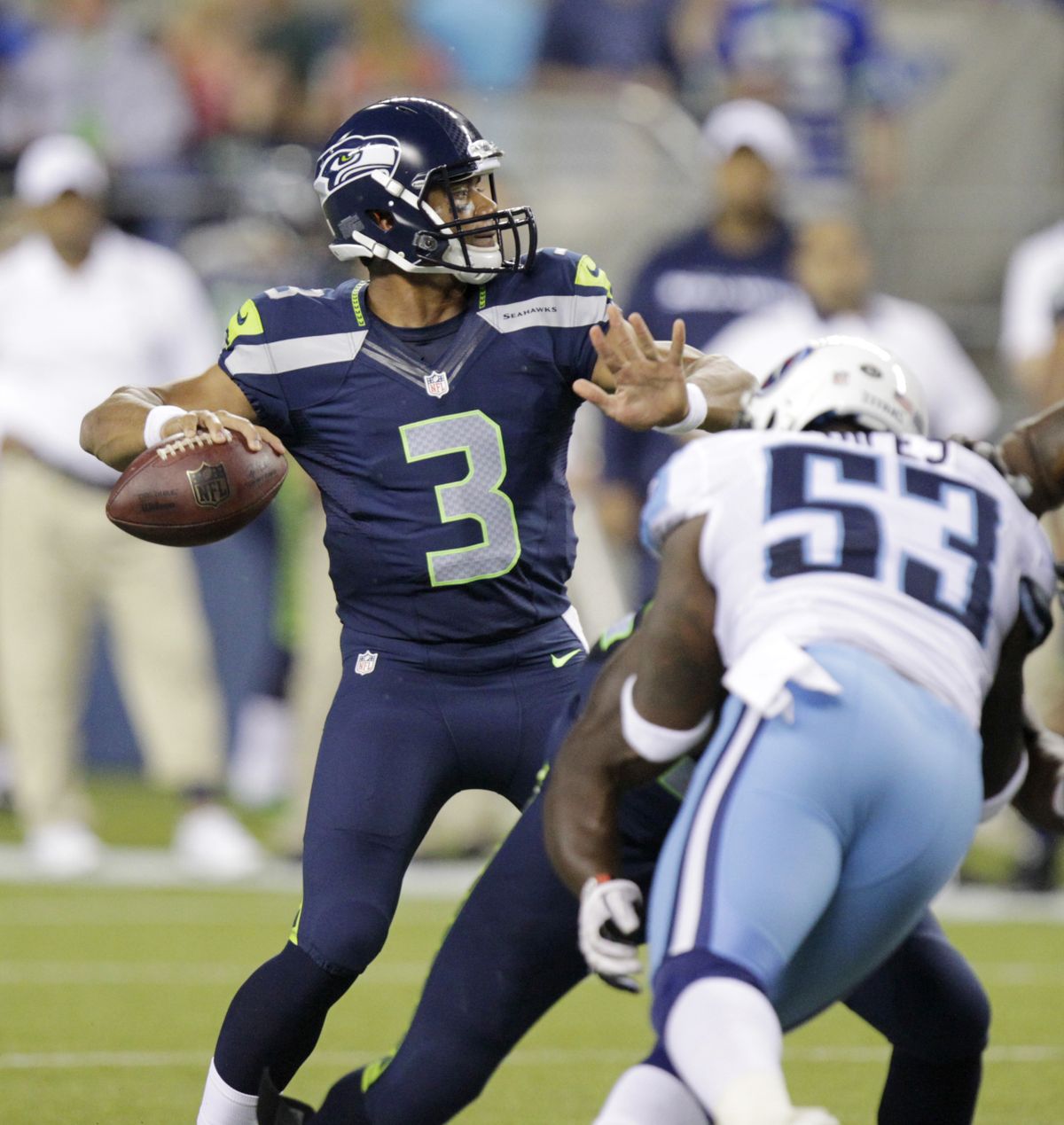 Seattle’s Russell Wilson sets up to uncork a second-half TD pass. (Associated Press)