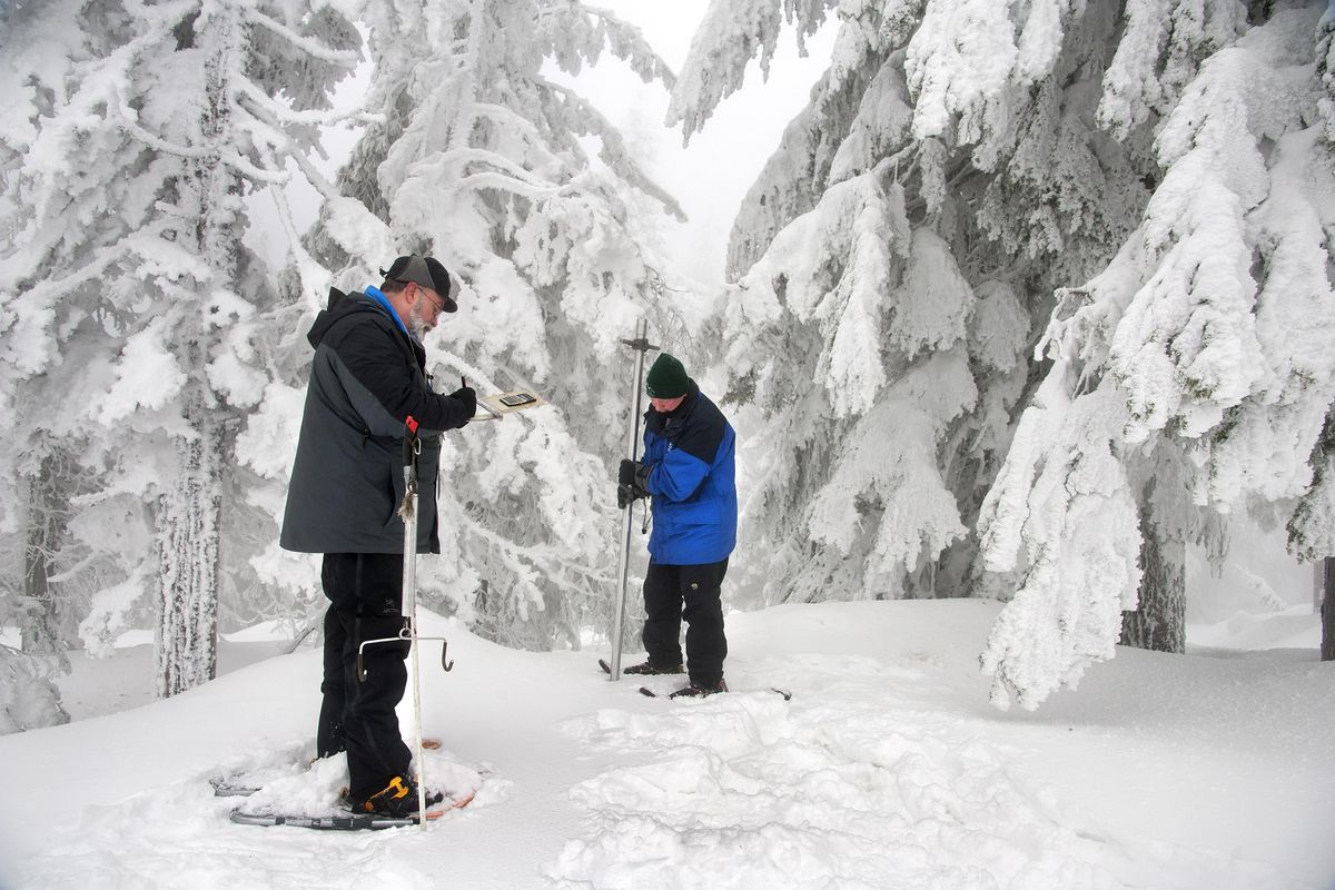 Natural Resources Conservation Service snow surveyors Dave Kreft, left, and Wes Durheim take a  sample near the Mount Spokane Nordic Center, Feb. 4, 2016. (Dan Pelle / The Spokesman-Review)