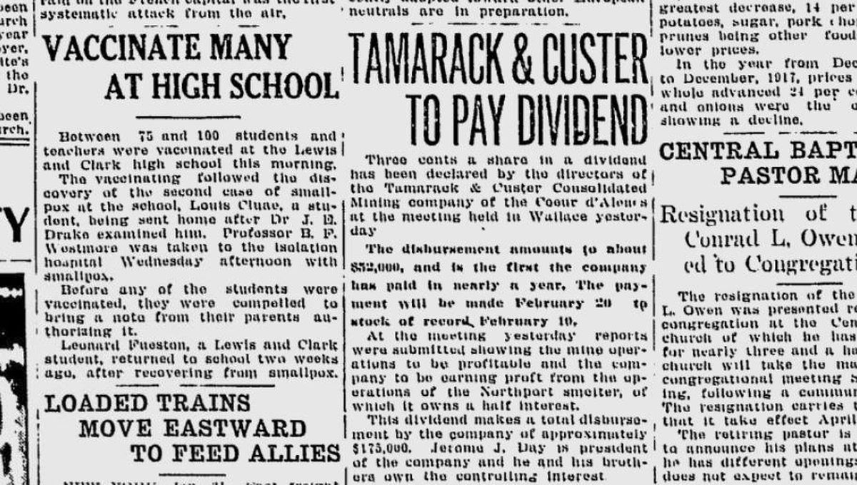 Between 75 and 100 students at Lewis and Clark High School were vaccinated following the discovery “of the second case of smallpox at the school,” the Spokane Daily Chronicle reported on Jan. 31, 1918. (Spokesman-Review archives)