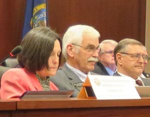 Members of the Idaho House Education Committee, including, from left, Reps. Judy Boyle, Ron Mendive and Ryan Kerby, listen to testimony on school science standards on Thursday, Feb. 1, 2018 at the Idaho state Capitol. (Betsy Z. Russell / SR)