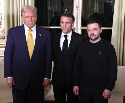 PARIS, FRANCE – DECEMBER 7: French President Emmanuel Macron and Ukrainian president Volodymyr Zelenskyy meets with President-Elect Donald Trump at the Elysee Palace on December 7, 2024 in Paris, France. Donald Trump was among the wave of foreign dignitaries descending on Paris this weekend to attend a reopening ceremony at Notre-Dame Cathedral, more than five years after it was damaged in a major fire. (Photo by Oleg Nikishin/Getty Images)  (Oleg Nikishin)