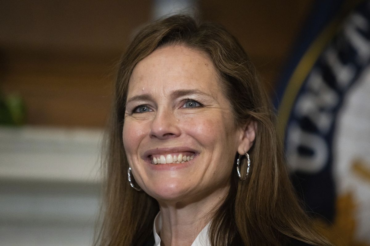 In this Oct. 1, 2020, photo, Supreme Court nominee Judge Amy Coney Barrett, meets with Sen. Roger Wicker, R-Miss., at the Capitol in Washington. Confirmation hearings begin Monday for President Donald Trump’s Supreme Court nominee, Amy Coney Barrett. If confirmed, the 48-year-old appeals court judge would fill the seat of liberal Justice Ruth Bader Ginsburg, who died last month. (Graeme Jennings)