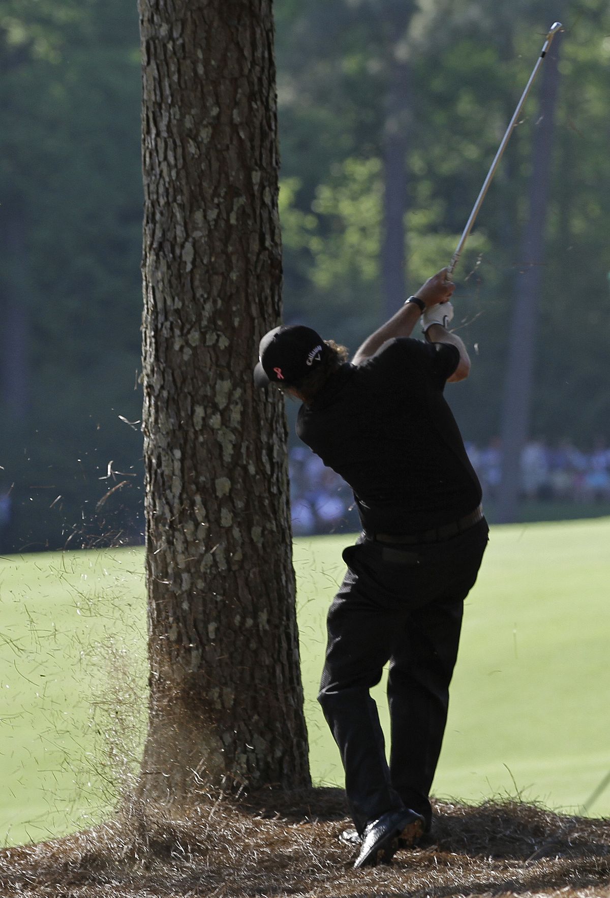 Phil Mickelson hits from the pine straw on the 13th hole after his ball landed between two Georgia pines. He made birdie on the hole. (Associated Press)