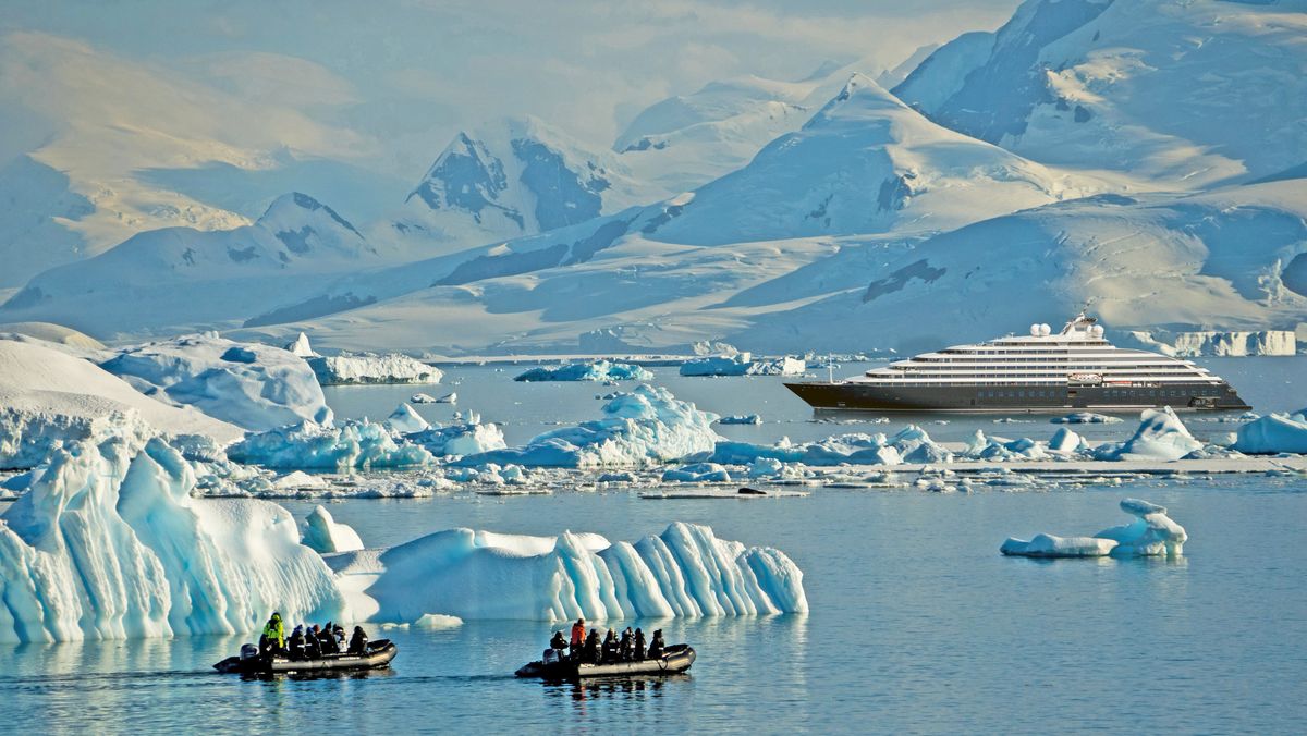 Passengers from the Scenic Eclipse explore the area around Detaille Island, Antarctica, in Zodiac boats.  (Scenic Luxury Cruises and Tours)