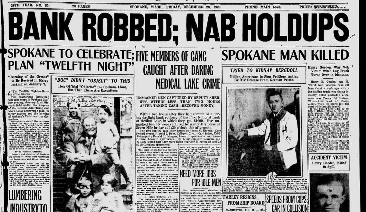Five gun-toting bank robbers held up the First National Bank of Medical Lake – but they were captured by a posse less than two hours later, the Spokane Daily Chronicle reported on Dec. 28, 1923. (Spokane Daily Chronicle archives)