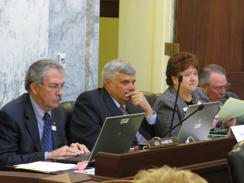 Sen. Jim Hammond, R-Post Falls, left, and Sen. Joyce Broadsword, R-Sagle, right, proposed one of two competing motions on GARVEE bond funding. At center is substitute Sen. Darrel Kerby, R-Bonners Ferry. (Betsy Russell)