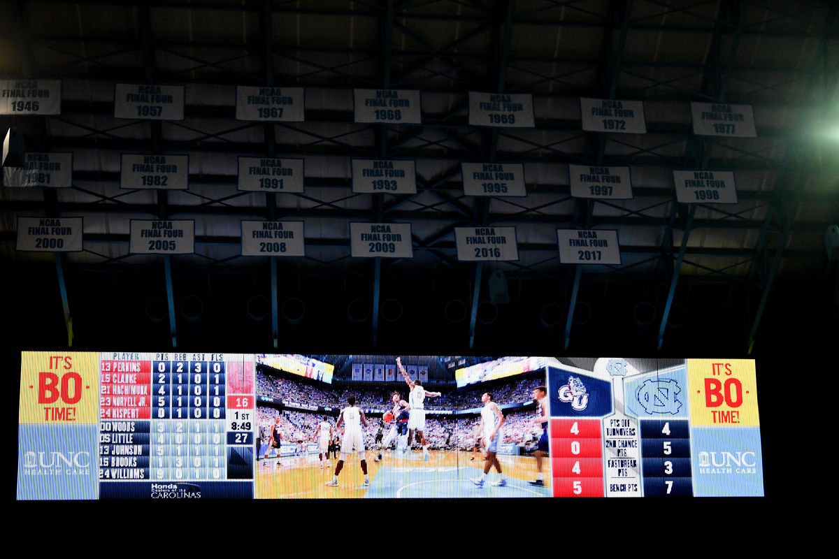 One of the North Carolina Tar Heels’ giant video boards is seen Saturday  at the Dean E. Smith Center in Chapel Hill, N.C. (Tyler Tjomsland / The Spokesman-Review)