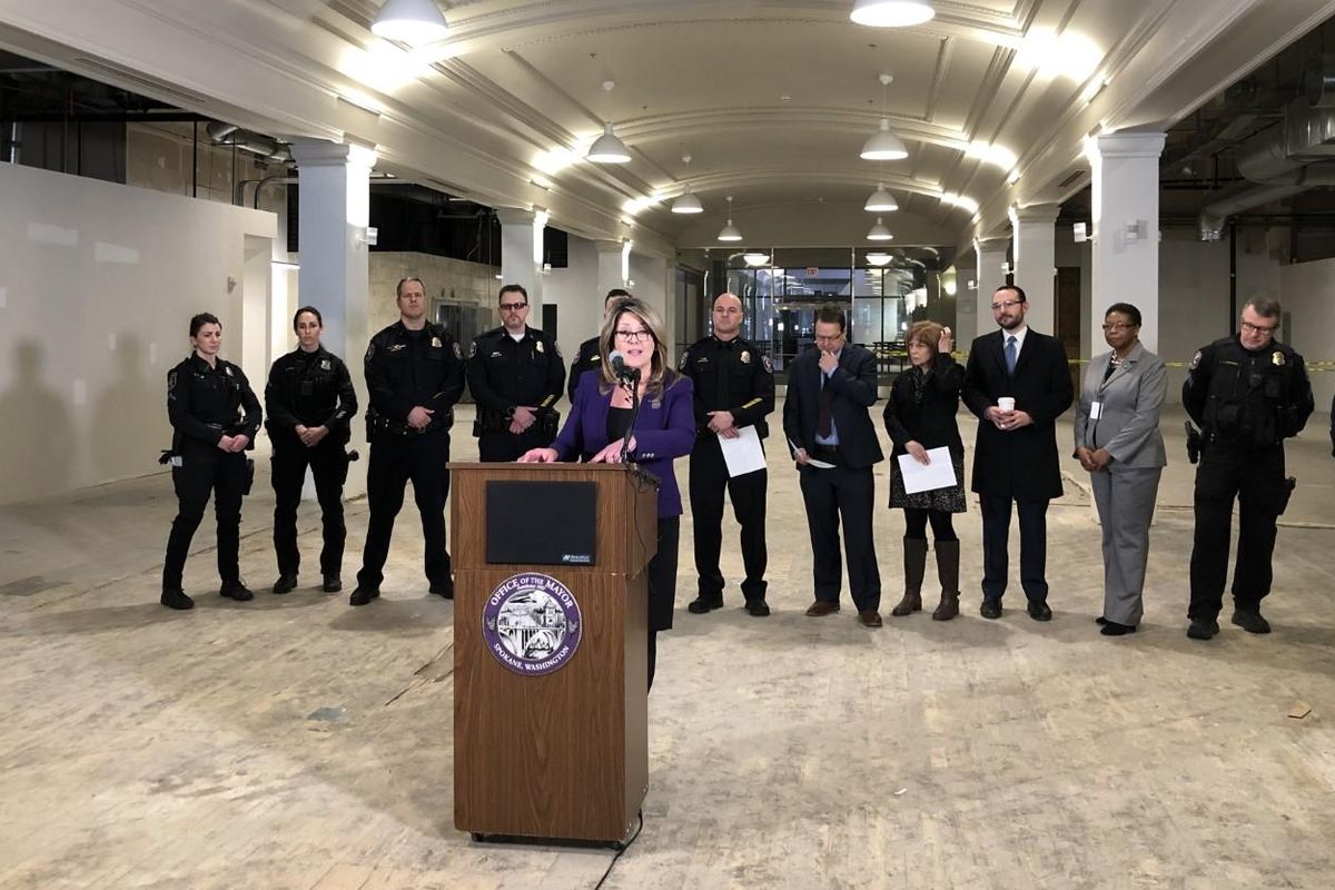 Spokane Mayor Nadine Woodward announced plans  Monday, Feb. 24, 2020, to open a new downtown police precinct inside the former Umpqua Bank Building at Riverside Avenue and Wall Street. (Dan Pelle / The Spokesman-Review)