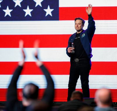 Billionaire Elon Musk waves to the crowd as he exits the stage during a town hall on Sunday, March 30, 2025, at the KI Convention Center in Green Bay, Wis. Musk held the event to drive turnout for Tuesday’s state Supreme Court election between Brad Schimel and Susan Crawford.  (Tork Mason/USA Today )