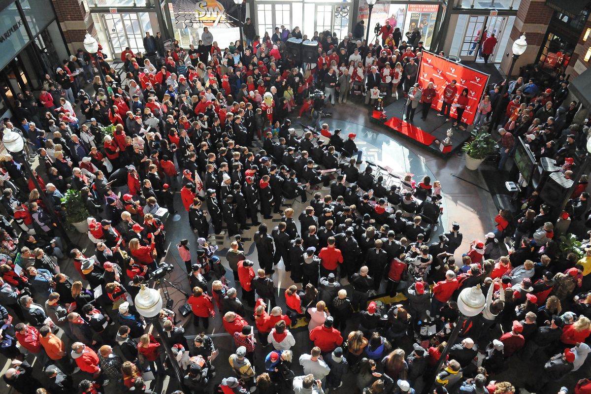 The Eagles and fans crowd into River Park Square during a rally   to celebrate their Jan. 7 football championship win. 