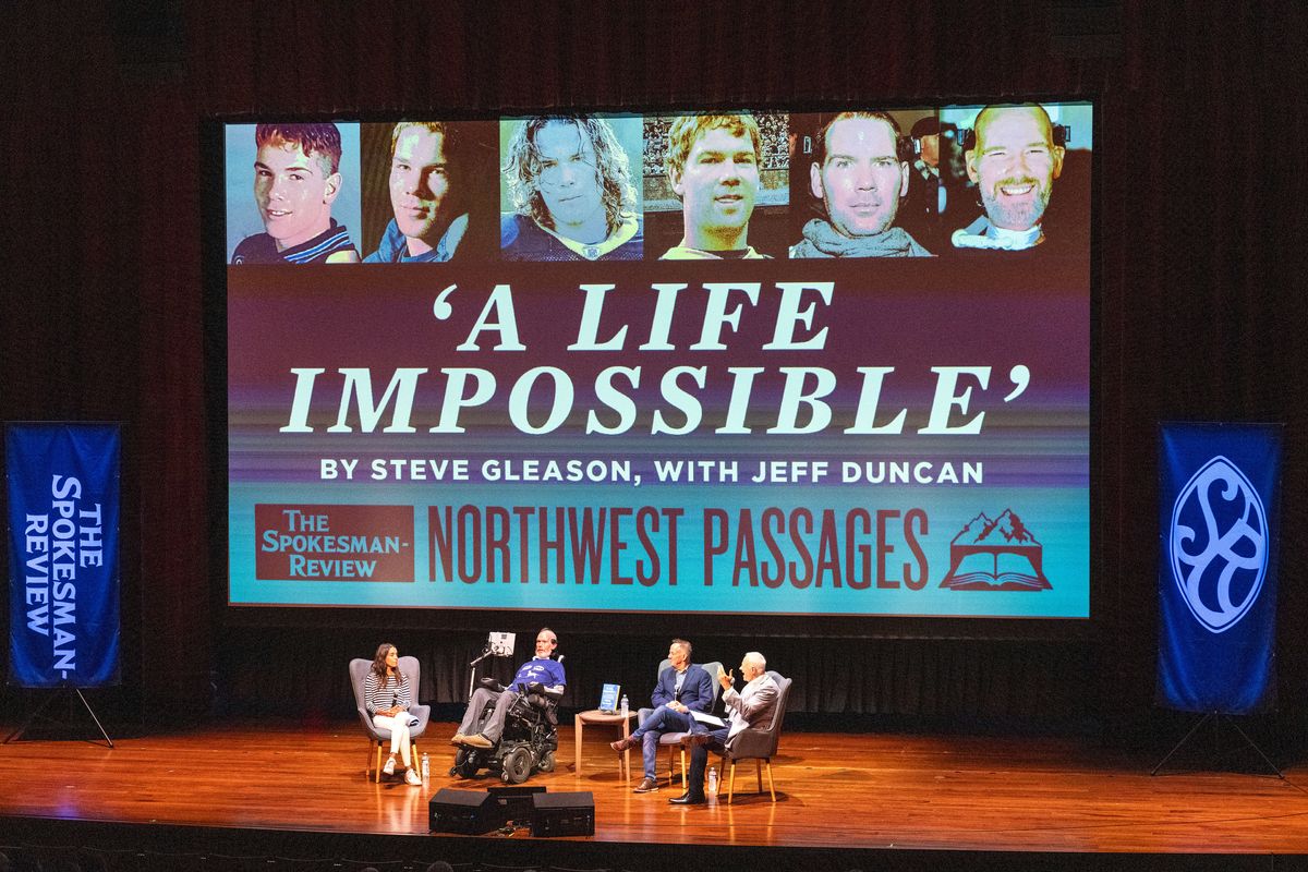 At the Northwest Passages event, Steve Gleason and Times-Picayune columnist Jeff Duncan, second from right, talk about writing Gleason