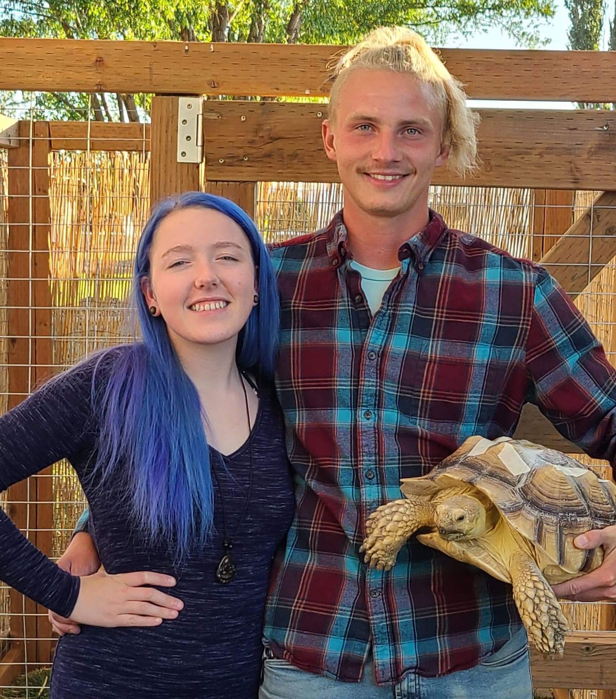 Kyley Ackerson and David Copper who live in Benton City, WA and drove 2.5 hours to get Terri, who they’d just found, to the vet hospital in Pullman, where they ultimately paid over $3,000 in medical expenses for her.  (Courtesy Kyley Ackerson)
