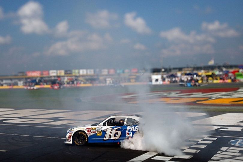 Matt Kenseth does a burnout at the start/finish line to celebrate his Top Gear 300 victory, the 26th NASCAR Nationwide Series win of his career. (Photo Credit: Chris Graythen/Getty Images for NASCAR) (Chris Graythen / Getty Images North America)