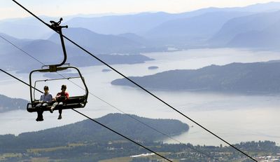 Jill Berner, left, of Sandpoint, and  her sister Jennifer Berner,  of Fredonia, N.Y., took in the sights last week from the chairlift at Schweitzer Mountain Resort.  (Kathy Plonka / The Spokesman-Review)