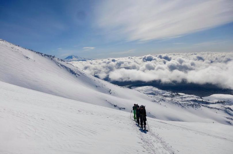 Skiers make a spring ascent of Mount St. Helens. (Hillary Landers)