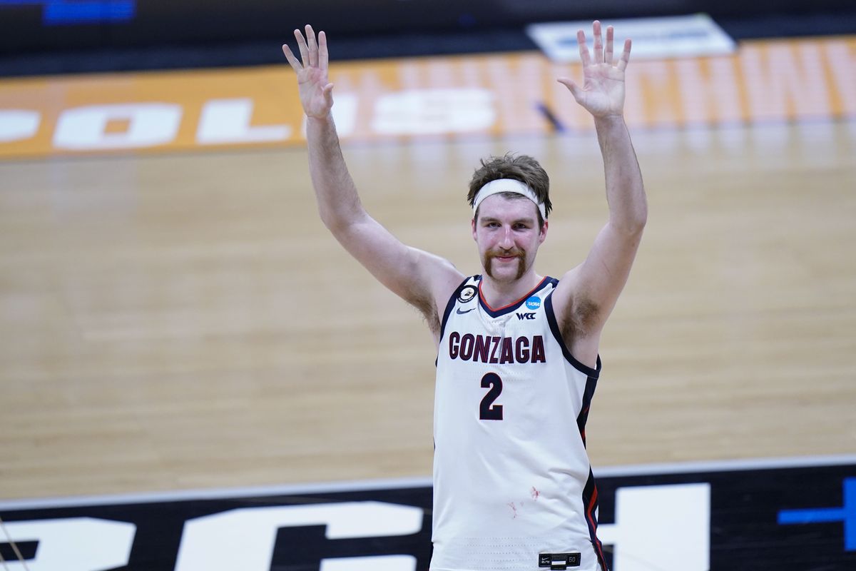 Gonzaga forward Drew Timme (2) reacts to the crowd cheering after defeating Oklahoma in a college basketball game in the second round of the NCAA tournament at Hinkle Fieldhouse in Indianapolis, Monday, March 22, 2021.   (AJ Mast)