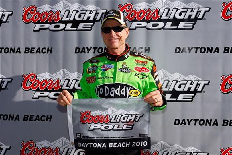 Mark Martin celebrates winning his first career Coors Light Pole Award for the Daytona 500. (Photo courtesy of Getty Images for NASCAR)
