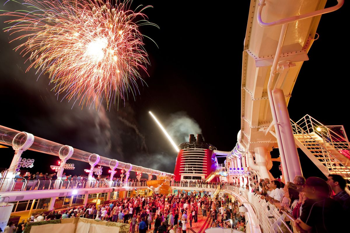 Fireworks explode during the “Buccaneer Blast!” aboard the Disney Dream cruise ship. (Associated Press)