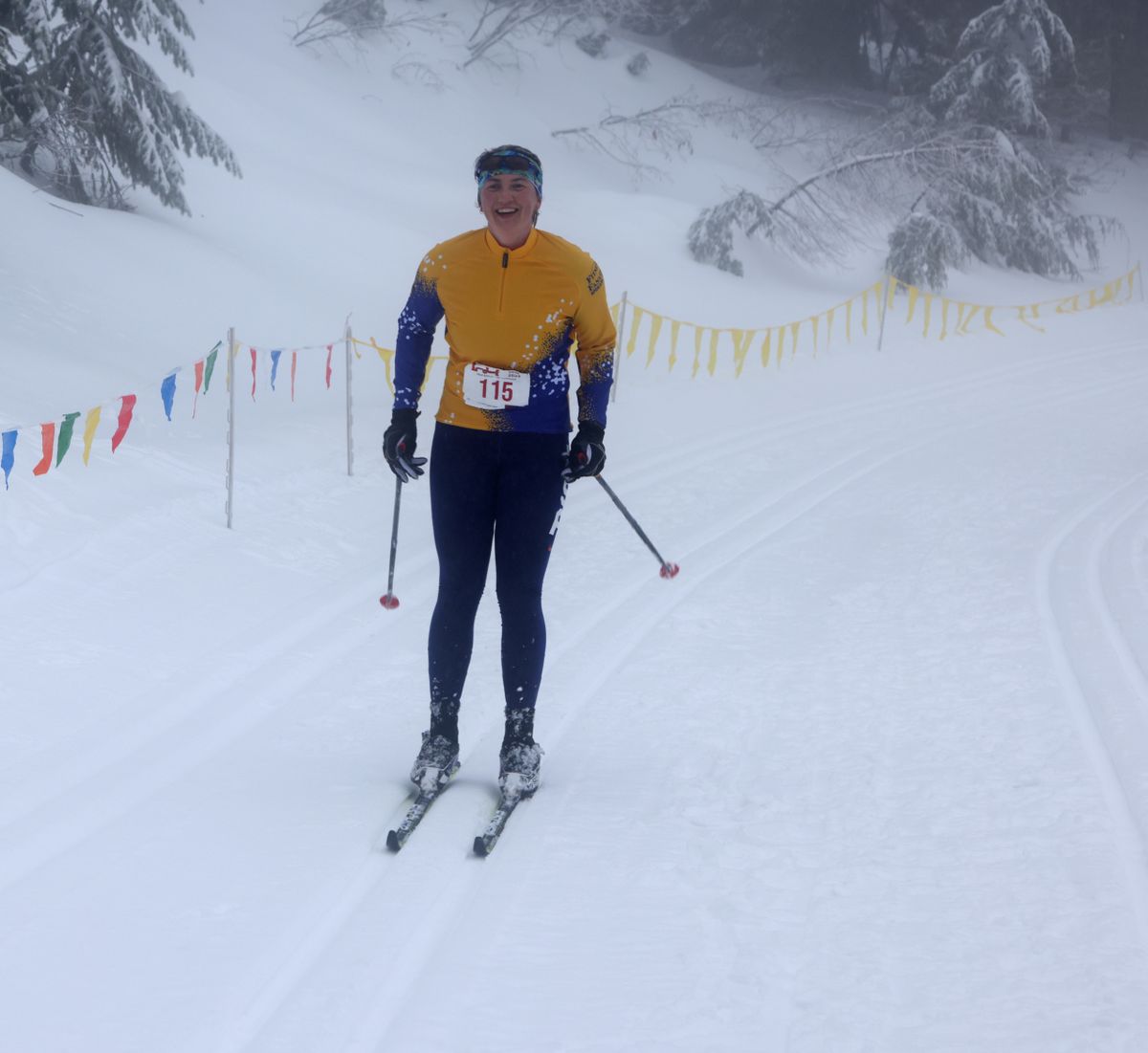 Jamie Redman crosses the finish line in the Langlauf cross-country ski race Sunday on Mount Spokane. Redman, 36, was the top female finisher with a time of 37 minutes, 11.4 seconds.  (Pegasus Media Group Alex Renner)