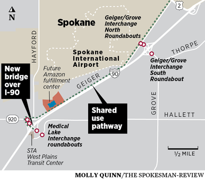 Work begins this week on a $66 million project to transform Geiger Boulevard, a sleepy two-lane road in West Plains, into a three-lane conduit for commuters to and from the coming Amazon fulfillment center. Plans include traffic signals, roundabouts, a new bridge over Interstate 90, and some improvements for buses, cyclists and pedestrians. (Molly Quinn / The Spokesman-Review)