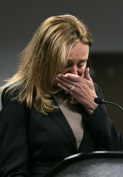 Pam Turner, cousin of murder victim actress Sharon Tate, pauses to compose herself while appearing before state parole officials to urge they reject an appeal Tuesday. (Associated Press / The Spokesman-Review)