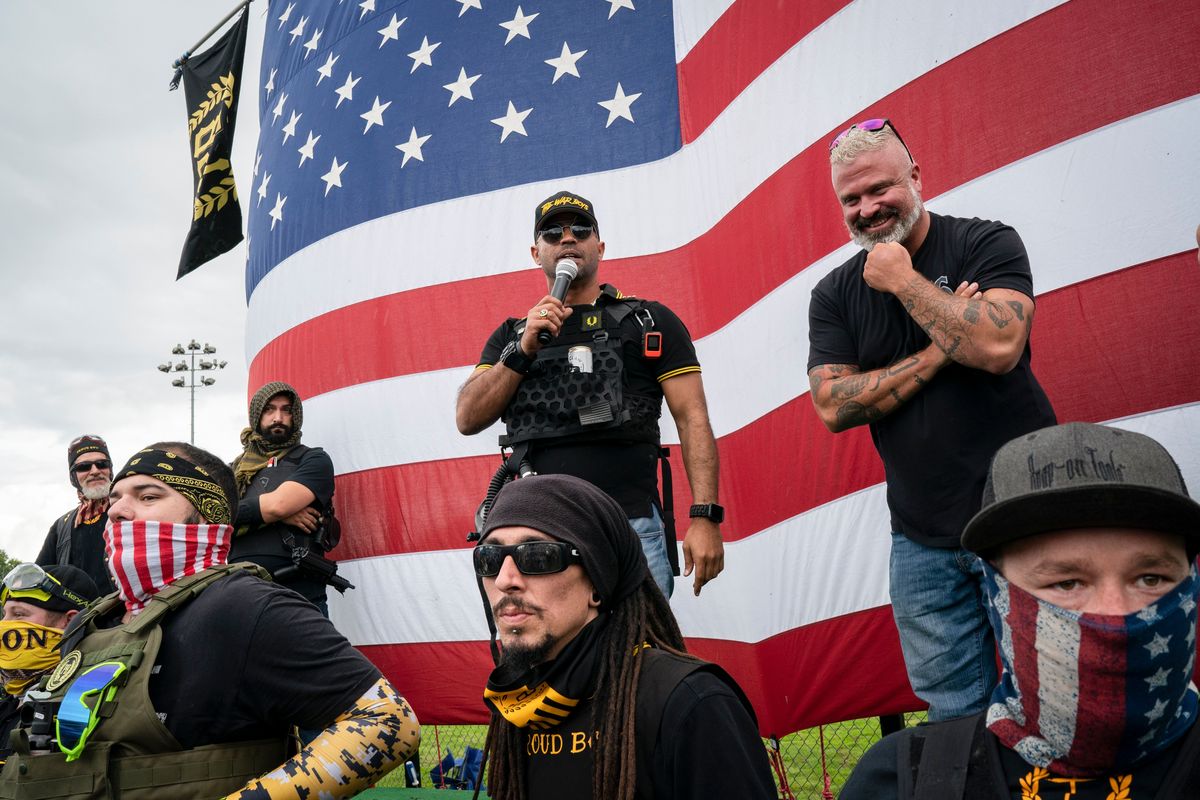 FILE – Joseph Biggs, right, then a lieutenant in the Proud Boys, with chairman Enrique Tarrio during a rally in Delta Park in Portland, Ore. on Sept. 26, 2020. Biggs was sentenced, on Thursday, Aug. 31, 2023, to 17 years in prison after his conviction on charges of seditious conspiracy for plotting with a gang of pro-Trump followers to attack the Capitol and disrupt the peaceful transfer of presidential power on Jan. 6, 2021. (Diana Zeyneb Alhindawi/The New York Times)  (DIANA ZEYNEB ALHINDAWI)
