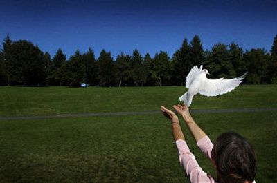 
Kateri Caron of the Interfaith Council releases a dove in observance of International Peace Day with a handful of friends Wednesday at Riverfront Park in downtown Spokane. 
 (Brian Plonka / The Spokesman-Review)