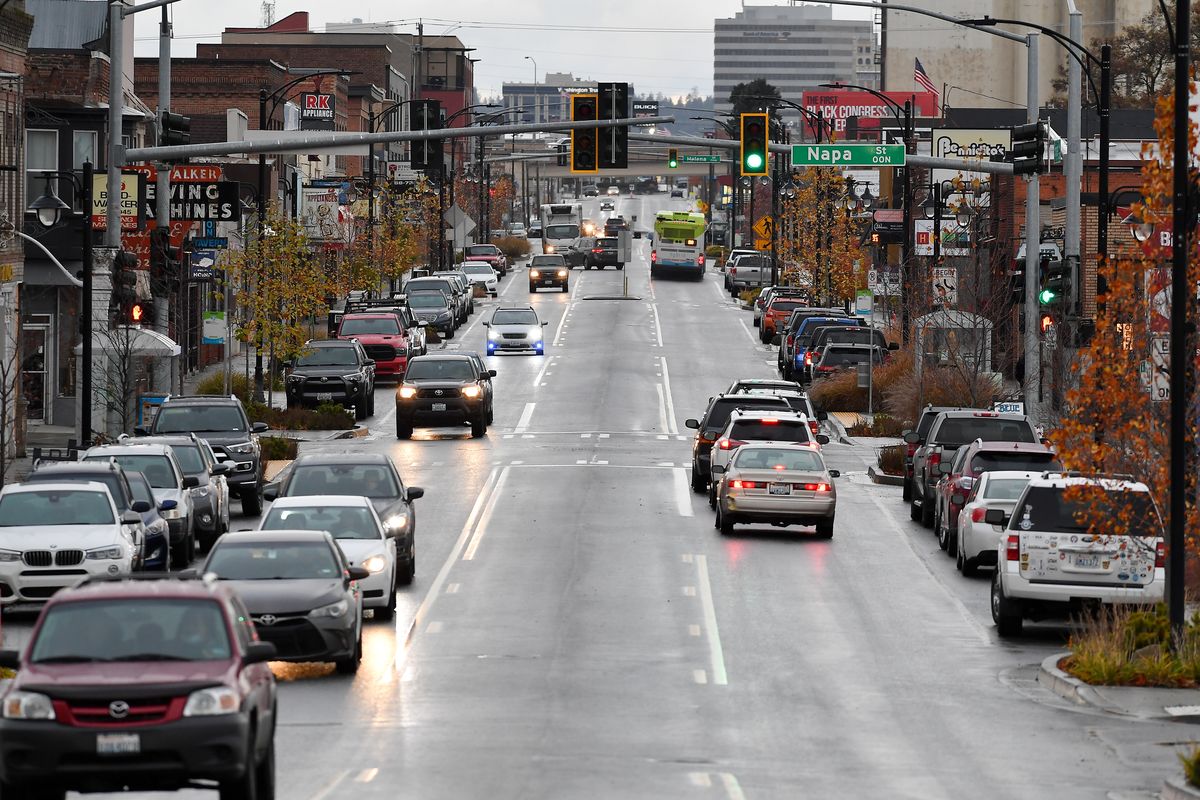 The renovated and reopened East Sprague Avenue is seen looking west toward downtown Spokane on Friday.  (Tyler Tjomsland/The Spokesman-Review)
