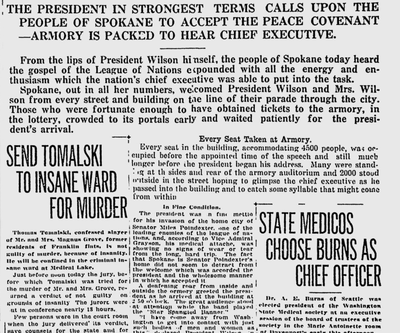 Huge crowds lined the streets as President Wilson and the First Lady paraded through downtown Spokane. When Wilson arrived at the Spokane Armory, all 4,500 seats were taken and as many as 2,000 more people stood outside on the street. (Spokane Daily Chronicle archive)